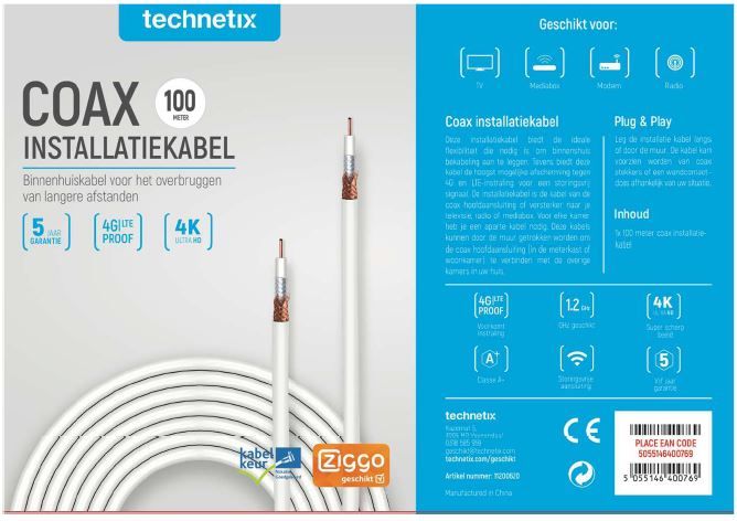 Miniatuur van Technetix Coaxkabel 100m wit