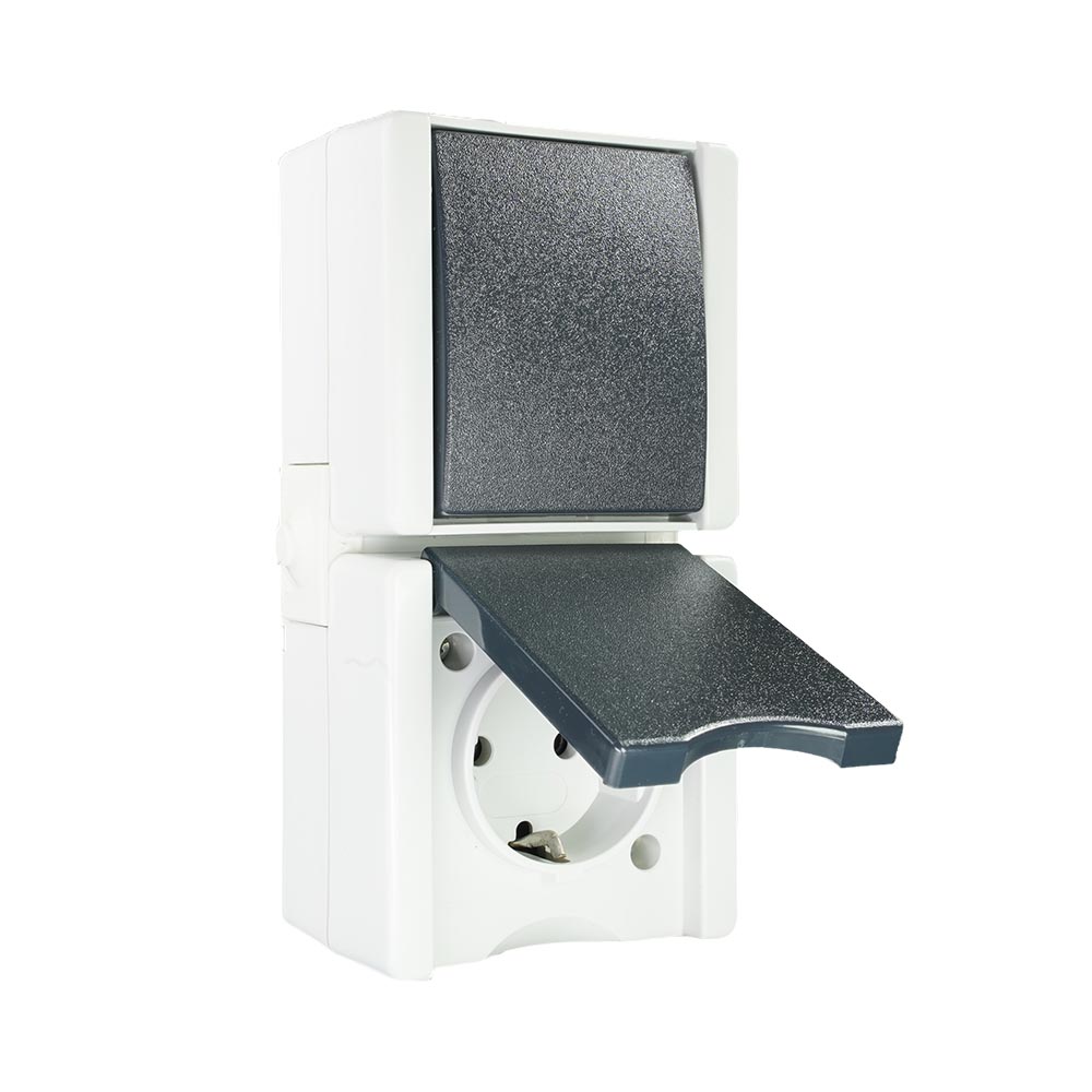 Miniatuur van EMhub Aquadro combinatie stopcontact met randaarde en wisselschakelaar spatwaterdicht IP44 verticaal - grijs (4088116)