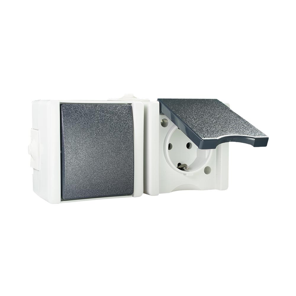 Miniatuur van EMhub Aquadro combinatie stopcontact met randaarde en wisselschakelaar spatwaterdicht IP44 horizontaal - grijs (4088117)