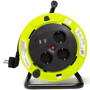 Universele kabelhaspel open 3-voudig met randaarde en 2xUSB 15 meter H05VV-F 3x1.5mm2 - geelzwart (3808788)