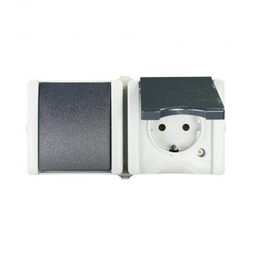 EMhub Aquadro combinatie stopcontact met randaarde en wisselschakelaar spatwaterdicht IP44 horizontaal - grijs (4088117)